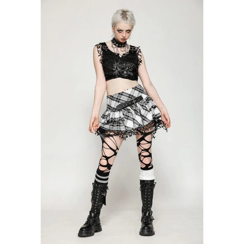 Damen Punk Mesh Splice Plaid Faltenrock