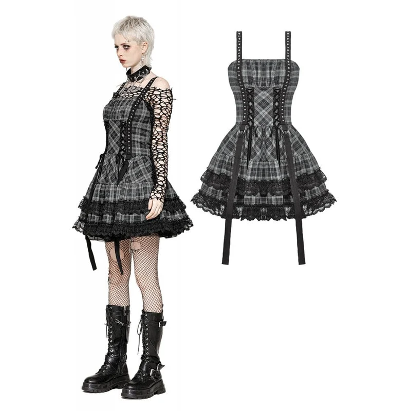 Punkiges, mehrlagiges Partykleid mit Spitzensaum und Karomuster für Damen, ideal für Abschlussfeiern