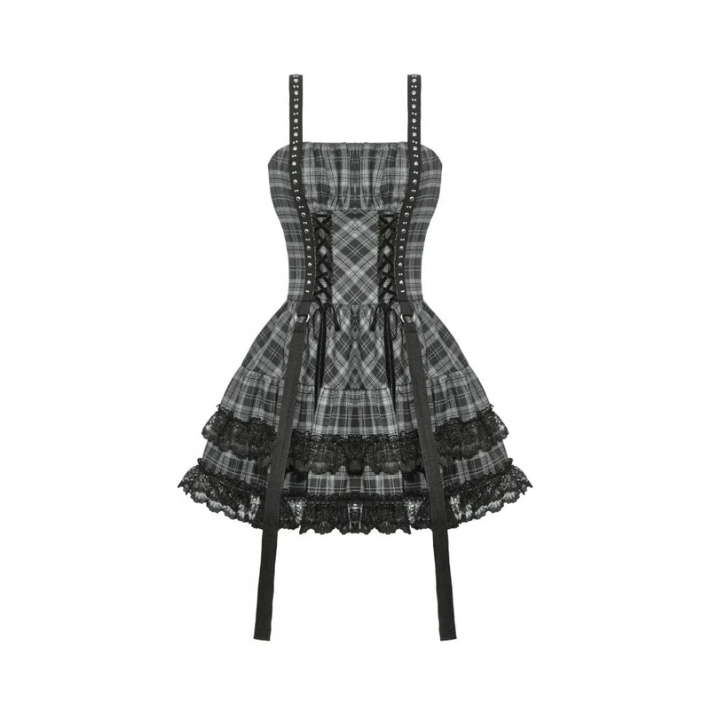Punkiges, mehrlagiges Partykleid mit Spitzensaum und Karomuster für Damen, ideal für Abschlussfeiern
