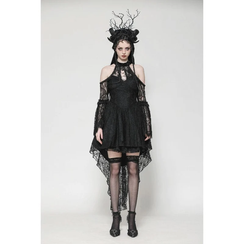 Gothic-Abendkleid aus Spitze mit schulterfreiem High/Low-Ausschnitt für Damen