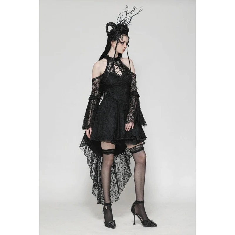 Gothic-Abendkleid aus Spitze mit schulterfreiem High/Low-Ausschnitt für Damen