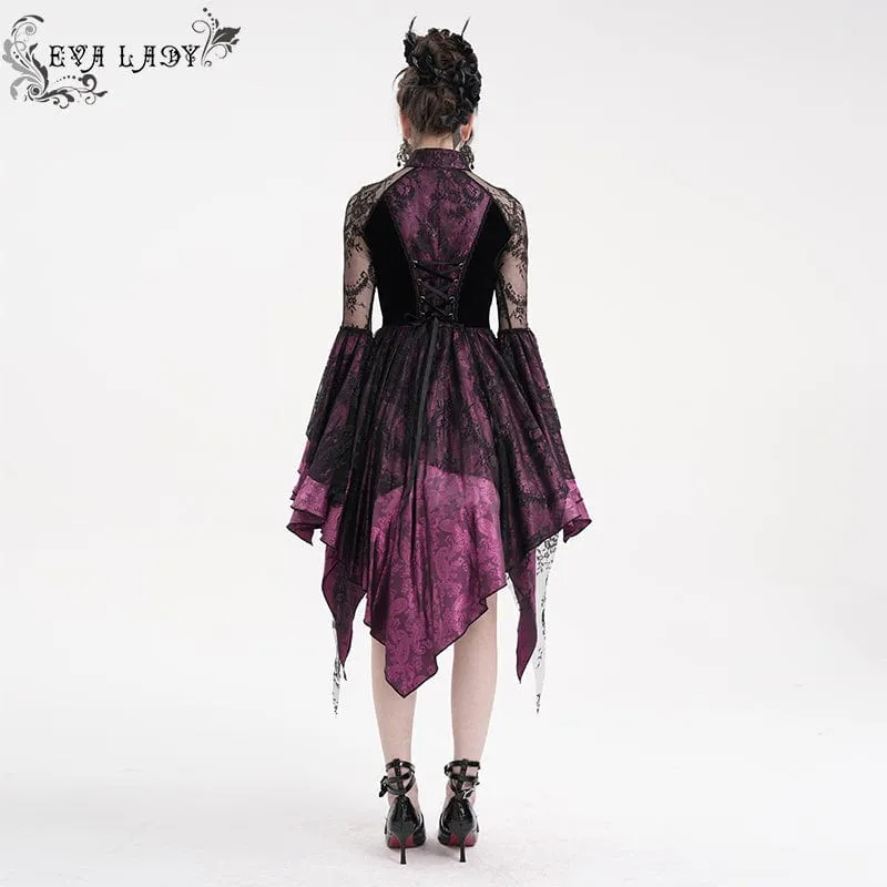 Damen Gothic Lace Schnürkleid Langarmkleid Schwarz Lila