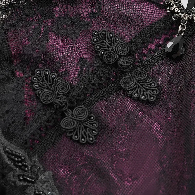 Damen Gothic Lace Schnürkleid Langarmkleid Schwarz Lila