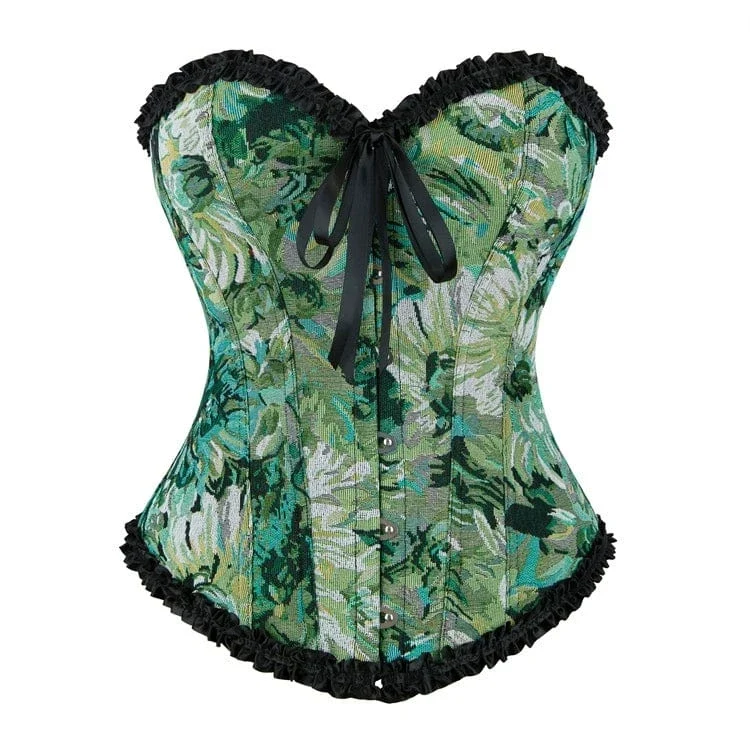 Gothic-Überbrustkorsett mit Rüschen und Blumenmuster für Damen