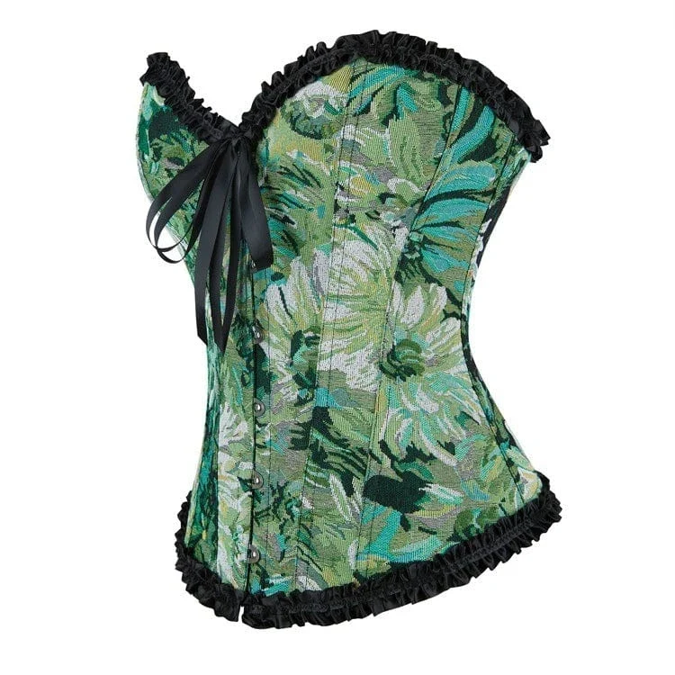 Gothic-Überbrustkorsett mit Rüschen und Blumenmuster für Damen