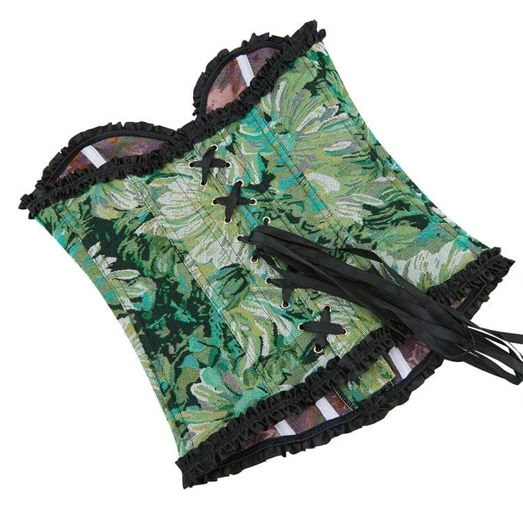 Gothic-Überbrustkorsett mit Rüschen und Blumenmuster für Damen