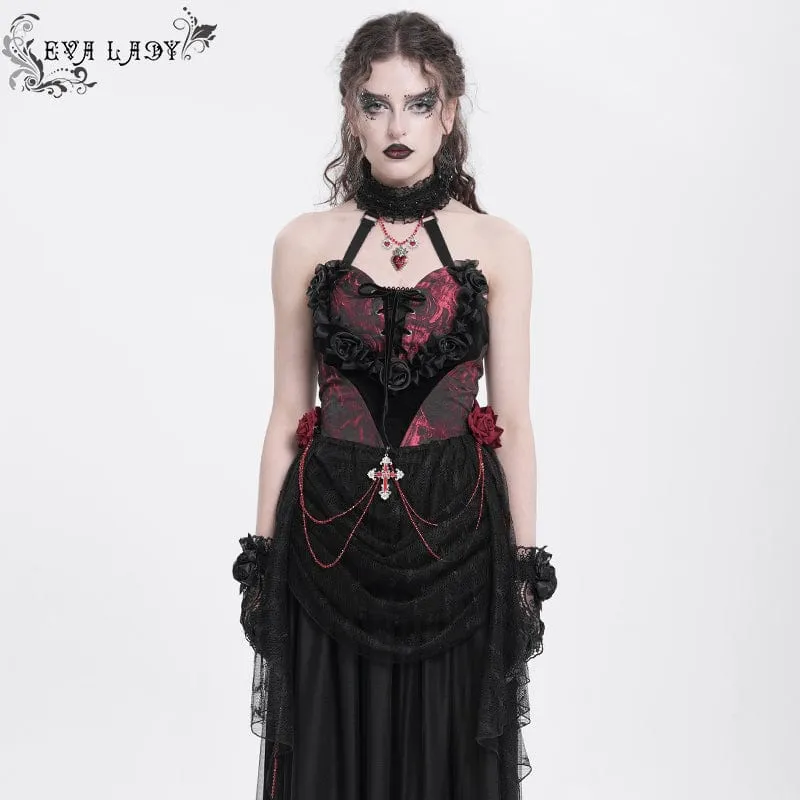 Damen Gothic Rose Herz Spitze Splice Neckholder Shirt Rot