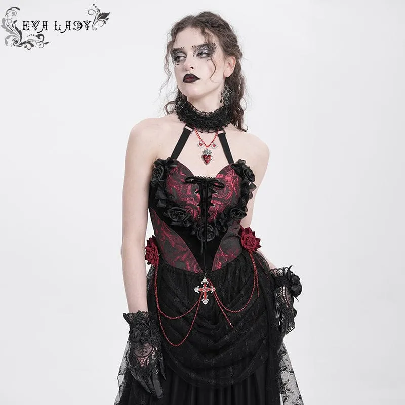Damen Gothic Rose Herz Spitze Splice Neckholder Shirt Rot