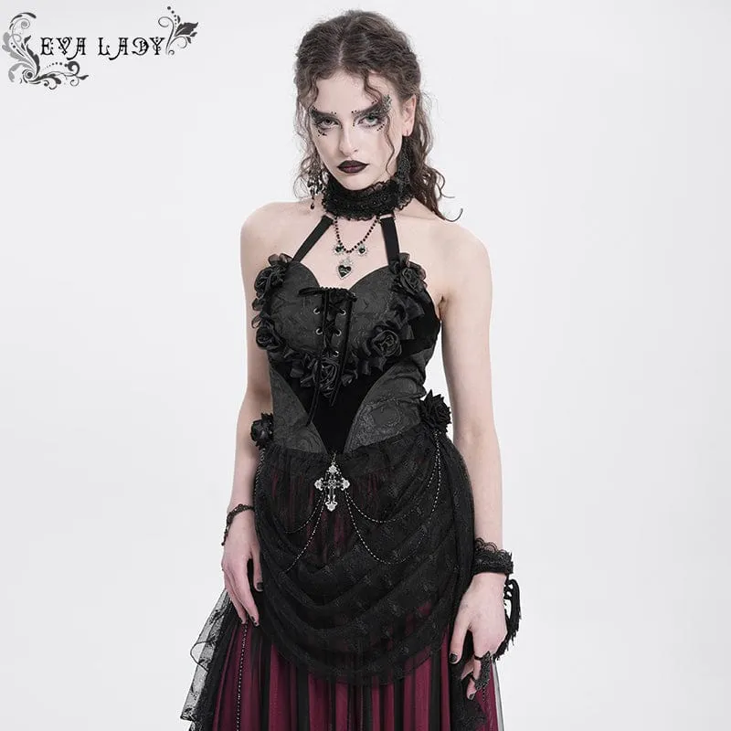 Damen Gothic Rose Herz Spitze Splice Neckholder Shirt Schwarz