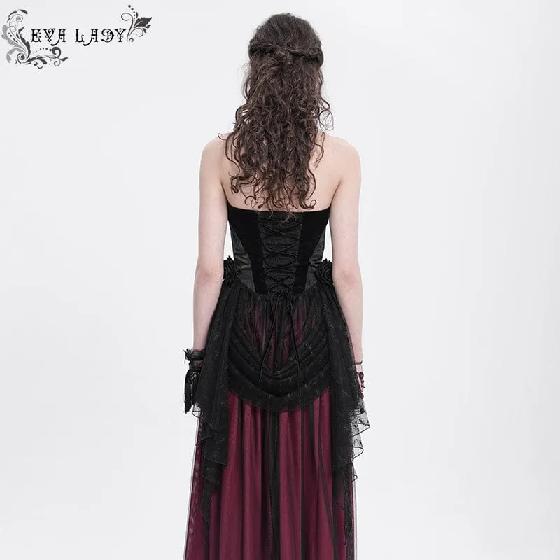 Damen Gothic Rose Herz Spitze Splice Neckholder Shirt Schwarz
