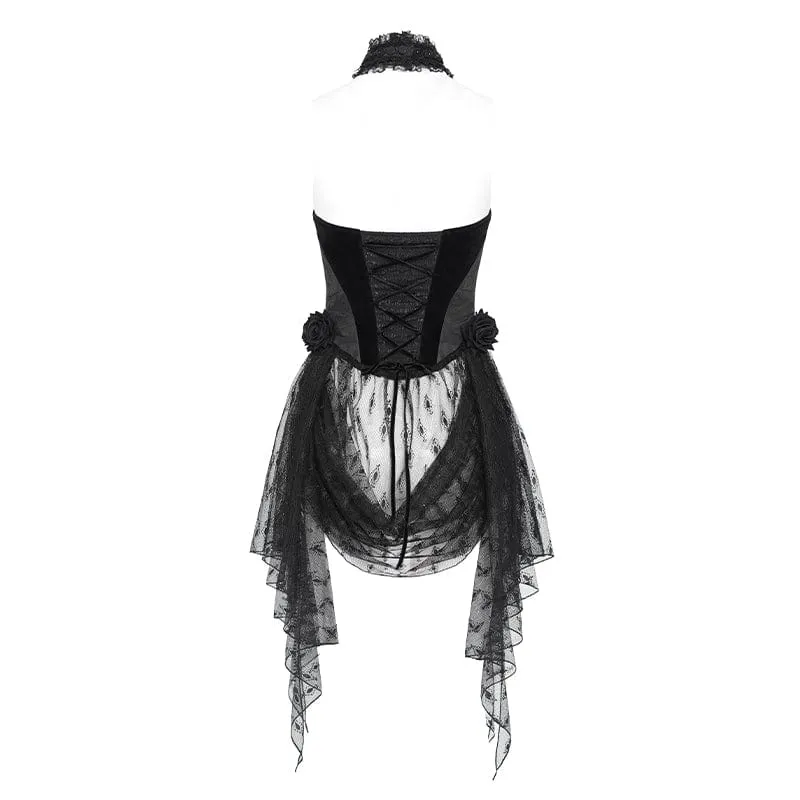 Damen Gothic Rose Herz Spitze Splice Neckholder Shirt Schwarz