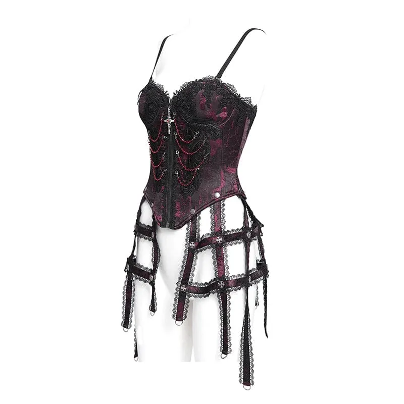 Damen Gothic Blumen besticktes Spitzenträger Tank Top Rot