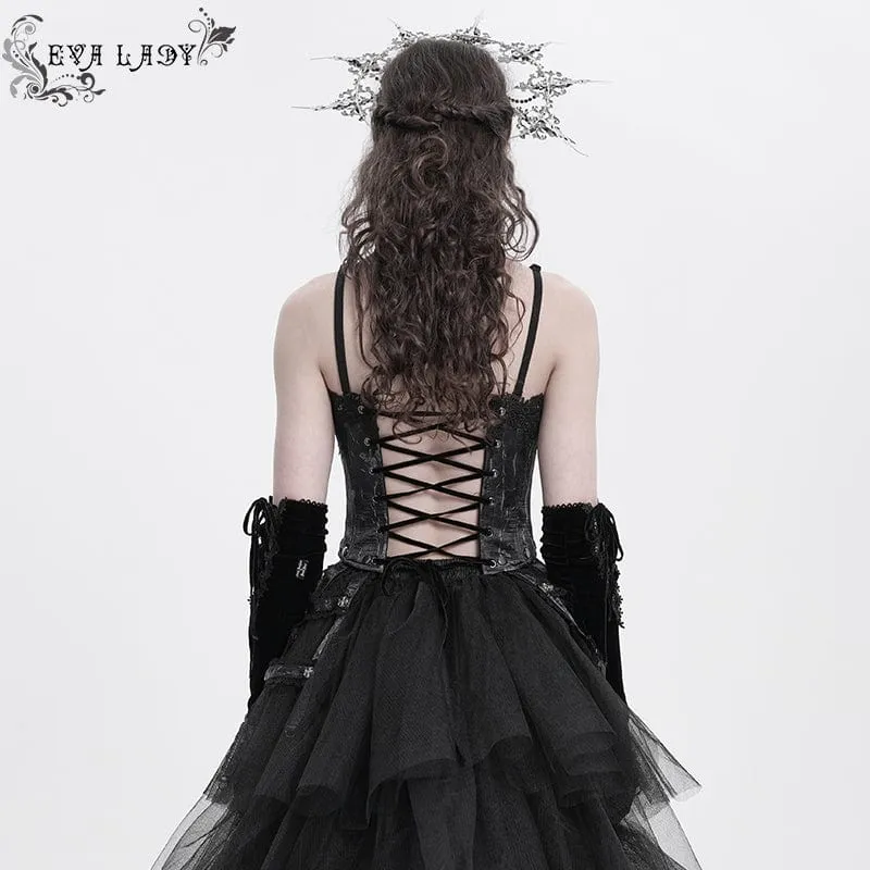 Damen Gothic Blumen besticktes Spitzenträger Tank Top Schwarz