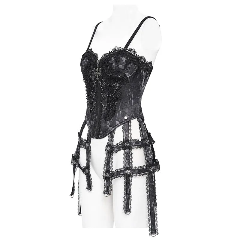Damen Gothic Blumen besticktes Spitzenträger Tank Top Schwarz