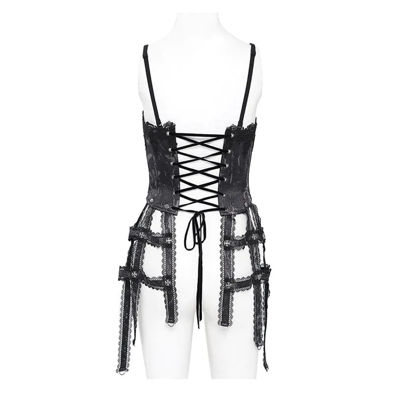Damen Gothic Blumen besticktes Spitzenträger Tank Top Schwarz