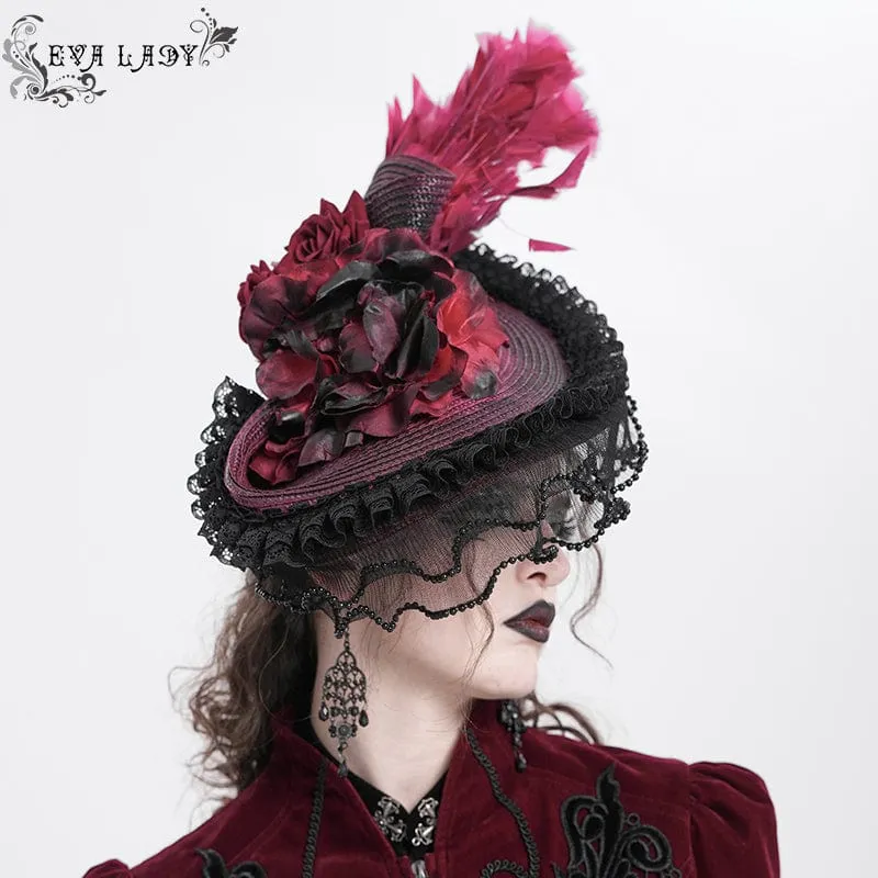 Damen Gothic Rose Rüschen Federhut Schwarz-Rot