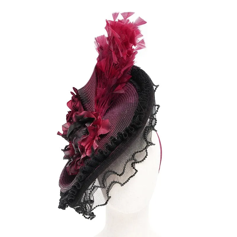 Damen Gothic Rose Rüschen Federhut Schwarz-Rot