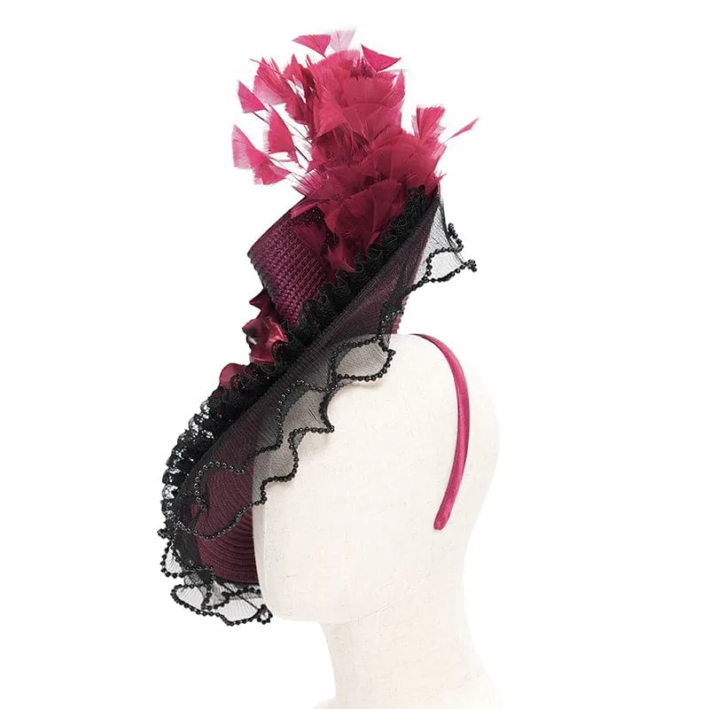 Damen Gothic Rose Rüschen Federhut Schwarz-Rot