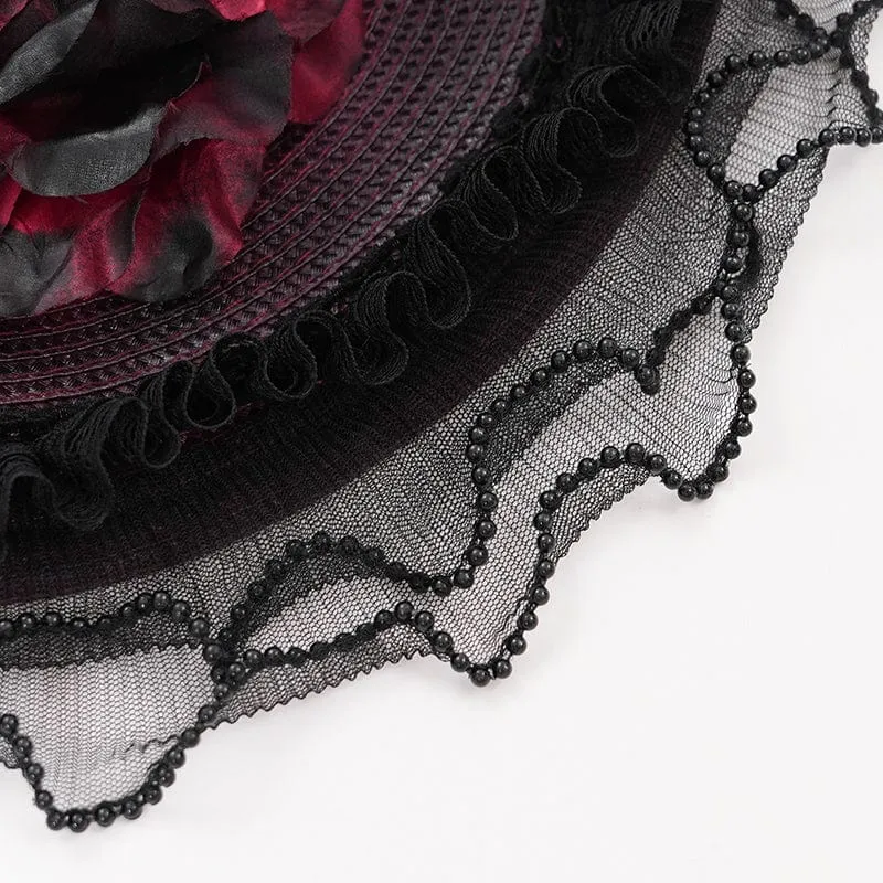 Damen Gothic Rose Rüschen Federhut Schwarz-Rot