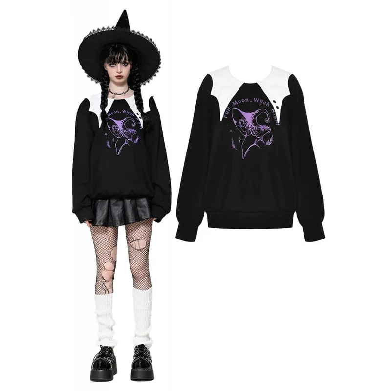 Damen Punk Batwing Sweatshirt Schwarz Weiß