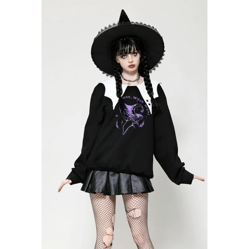 Damen Punk Batwing Sweatshirt Schwarz Weiß