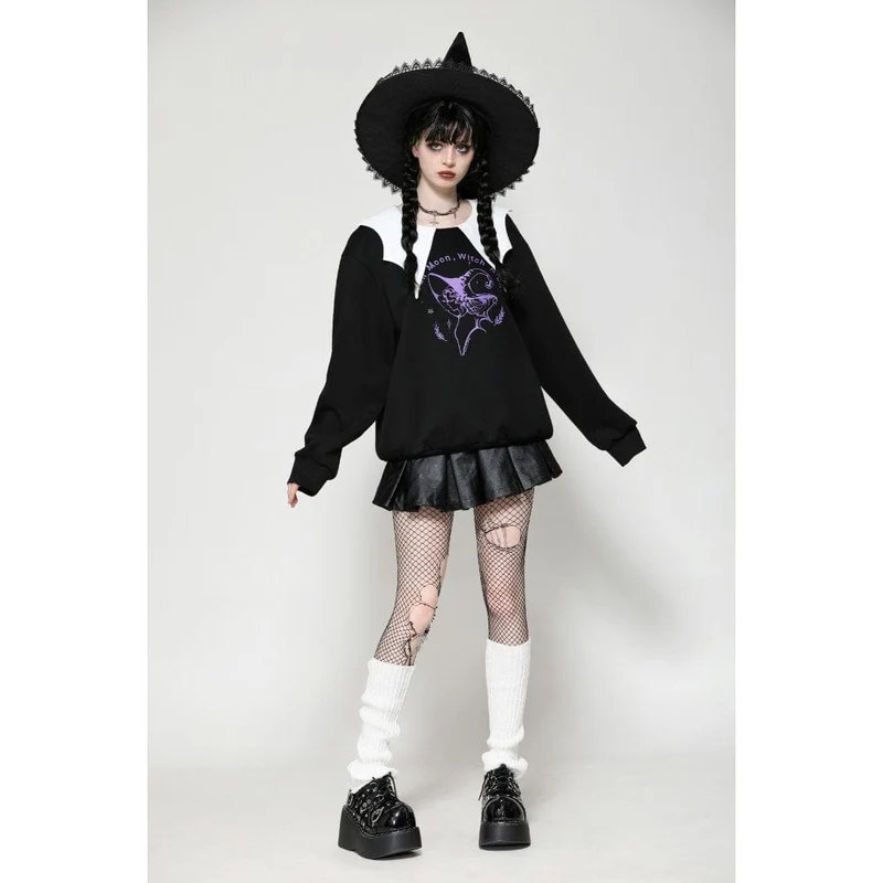 Damen Punk Batwing Sweatshirt Schwarz Weiß