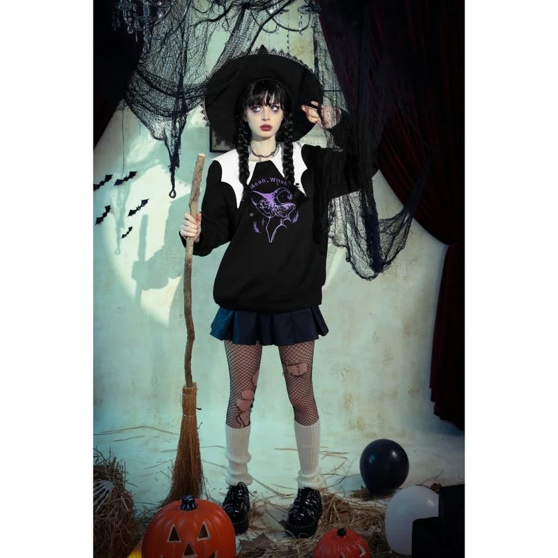 Damen Punk Batwing Sweatshirt Schwarz Weiß