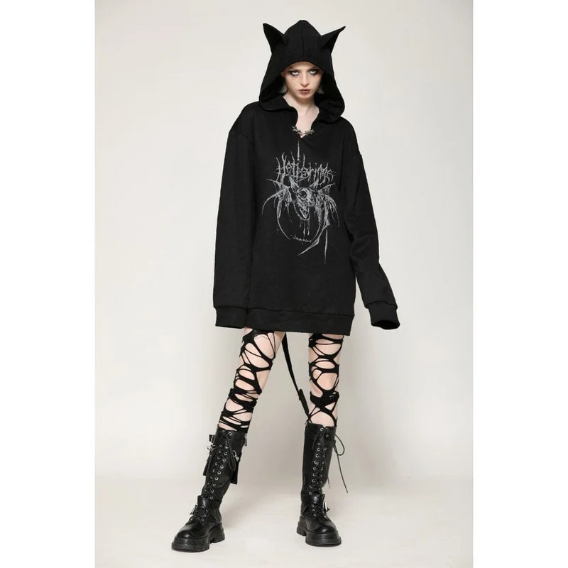 Damen Punk Star Nieten Fledermausohren Hoodie