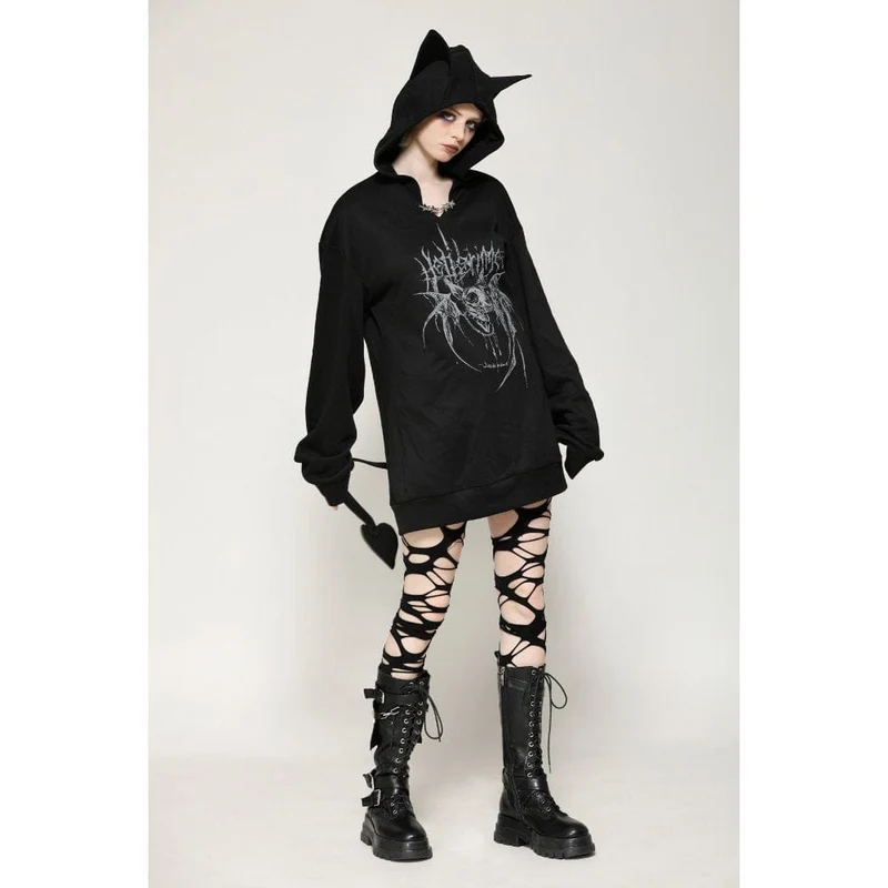 Damen Punk Star Nieten Fledermausohren Hoodie
