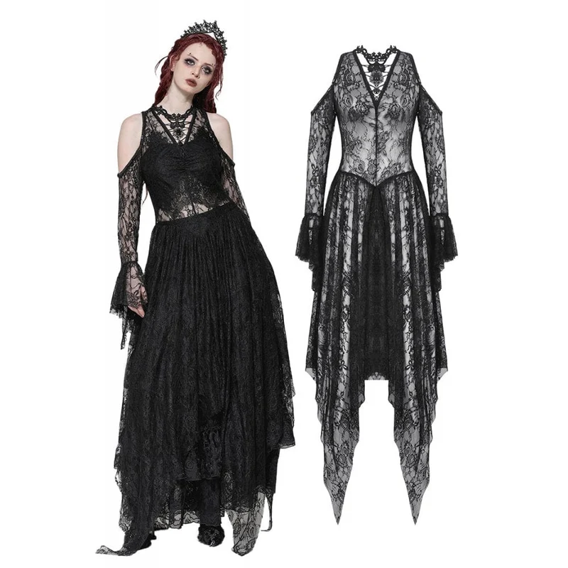 Gothic-Brautkleid für Damen mit schulterfreiem, unregelmäßigem Spitzenbesatz