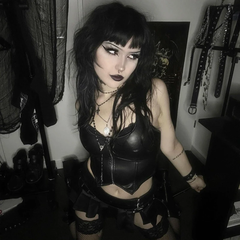 Damen Punk Reißverschluss Neckholder Kunstleder Bustier