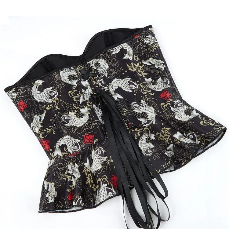 Gothic-Überbrustkorsett mit Koi-Fisch-Aufdruck und Rüschen für Damen