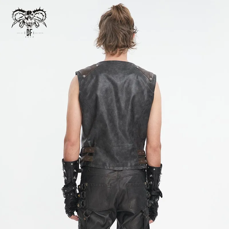 Herren-Weste aus schwarzem Kunstleder mit Punk-Nieten