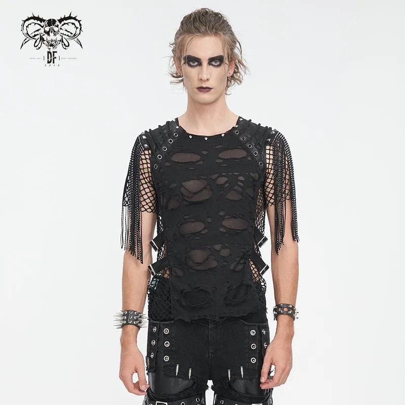 Herren-Punk-T-Shirt mit geripptem Quasten-Mesh-Splice-Motiv
