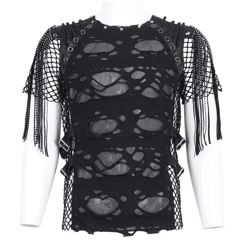 Herren-Punk-T-Shirt mit geripptem Quasten-Mesh-Splice-Motiv