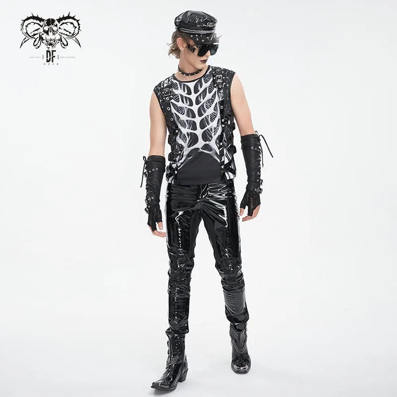 Herren-Punk-Skelett-Lackleder-Splice-Tanktop
