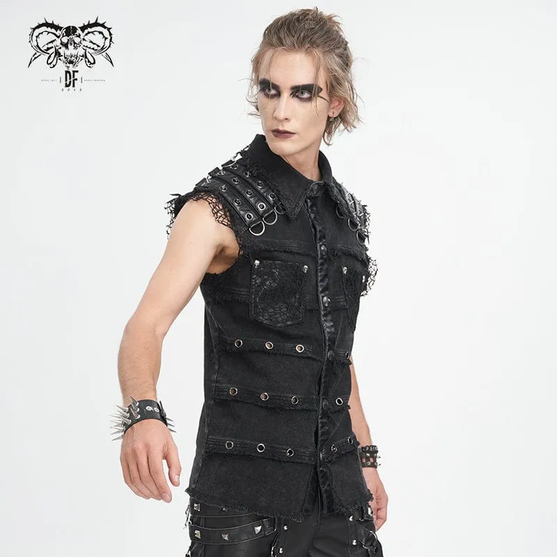 Unbesäumte Weste mit Punk-Nieten für Herren im Distressed-Look