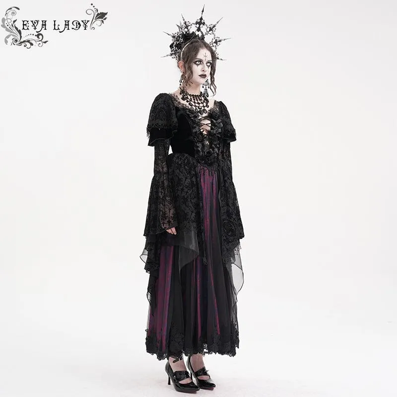 Damen Gothic Spitze Häkelkleid Langarm Brautkleid Schwarz Lila
