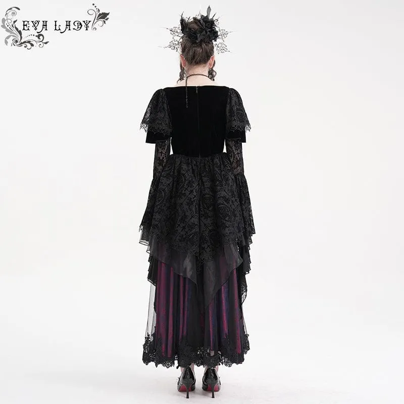 Damen Gothic Spitze Häkelkleid Langarm Brautkleid Schwarz Lila
