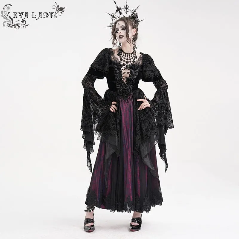Damen Gothic Spitze Häkelkleid Langarm Brautkleid Schwarz Lila