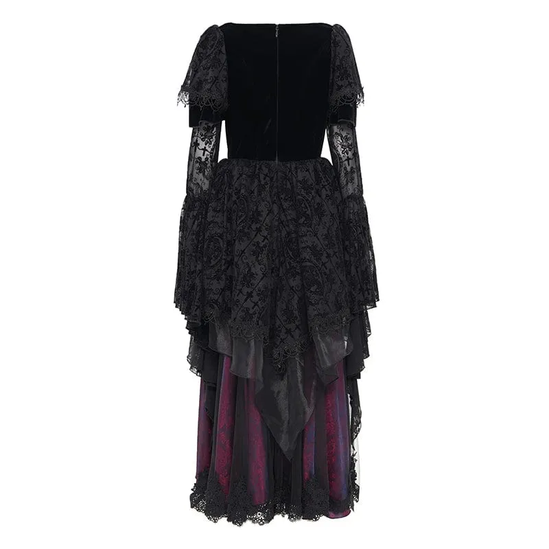 Damen Gothic Spitze Häkelkleid Langarm Brautkleid Schwarz Lila