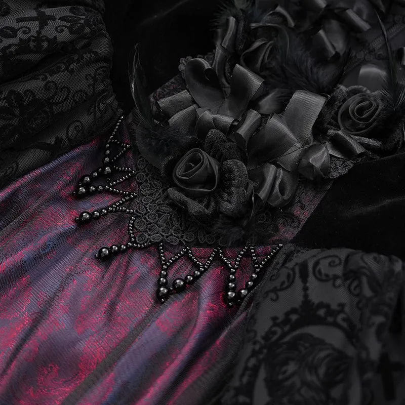 Damen Gothic Spitze Häkelkleid Langarm Brautkleid Schwarz Lila