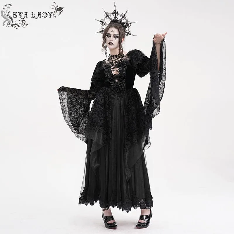 Damen Gothic Spitzen Häkelkleid Langarm Brautkleid