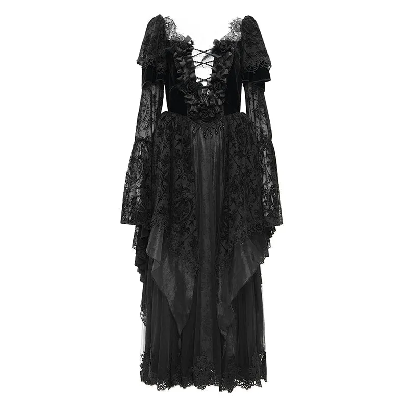 Damen Gothic Spitzen Häkelkleid Langarm Brautkleid