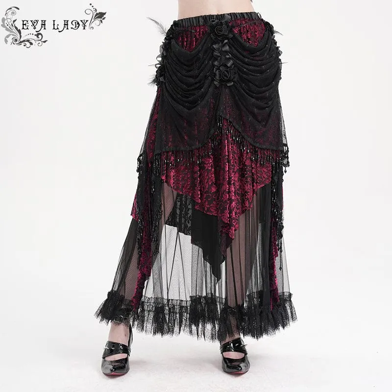 Damen Gothic Quasten Mesh Langer Rock Schwarz Lila