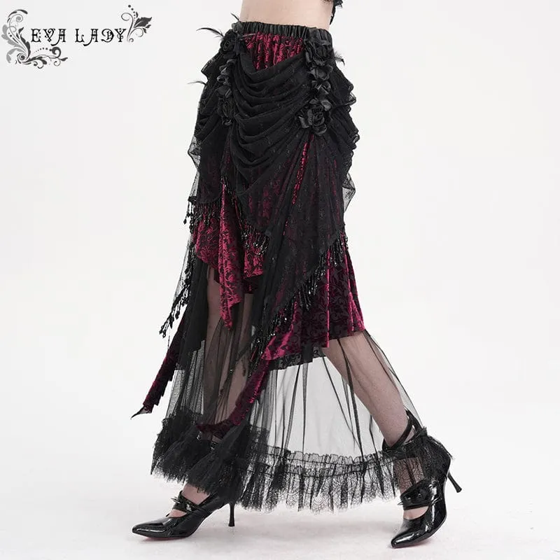 Damen Gothic Quasten Mesh Langer Rock Schwarz Lila