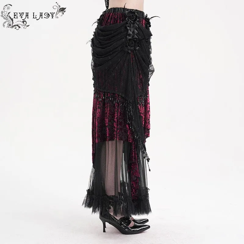 Damen Gothic Quasten Mesh Langer Rock Schwarz Lila