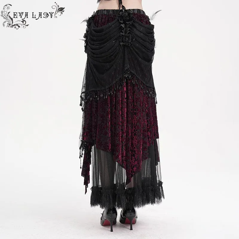 Damen Gothic Quasten Mesh Langer Rock Schwarz Lila