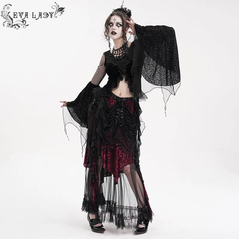 Damen Gothic Quasten Mesh Langer Rock Schwarz Lila