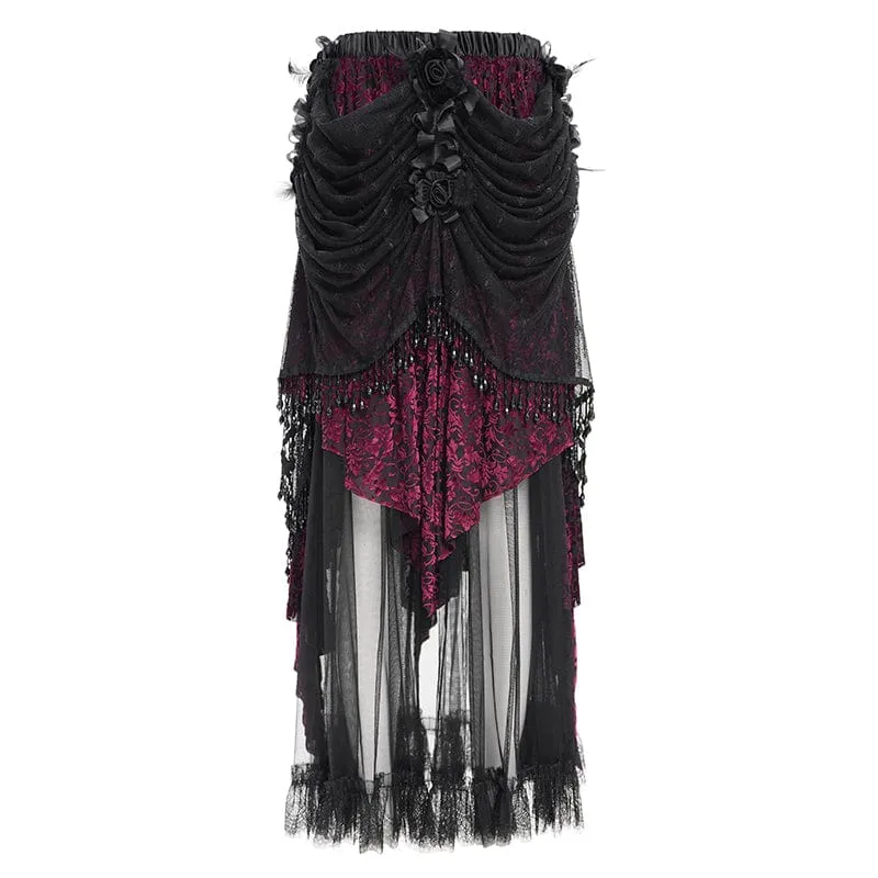 Damen Gothic Quasten Mesh Langer Rock Schwarz Lila